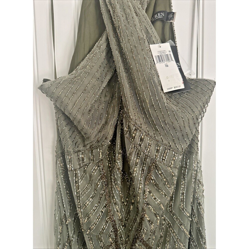 Lauren Ralph Lauren Women's Beaded Mesh Sleeveless Halter Gown Olive Green 10 - Picture 4 of 13